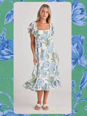 Talisman Ruffle-Trim Floral Midi Dress in Blue, Green, and Cream small NWT